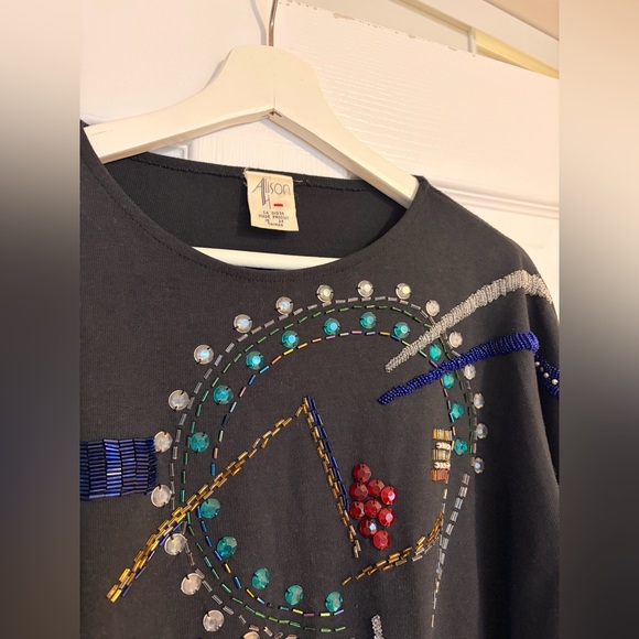 Alison Beaded Embellished Grey Sweatshirt vintage 80s blouse top disco retro m/l - Picture 2 of 4